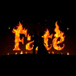 A striking silhouette illustration featuring the word 'Fate' depicted as if written by a burning object, with the letters formed by glowing embers and flickering flames that create an illusion of ignited text