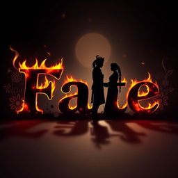 A striking silhouette illustration featuring the word 'Fate' depicted as if written by a burning object, with the letters formed by glowing embers and flickering flames that create an illusion of ignited text