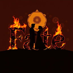 A striking silhouette illustration featuring the word 'Fate' depicted as if written by a burning object, with the letters formed by glowing embers and flickering flames that create an illusion of ignited text
