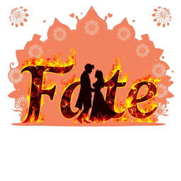 A striking silhouette illustration featuring the word 'Fate' depicted as if written by a burning object, with the letters formed by glowing embers and flickering flames that create an illusion of ignited text