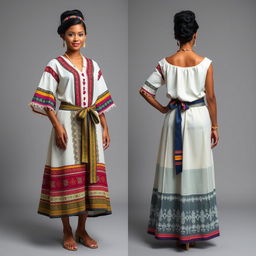 A traditional Dominican dress reimagined with modern touches, showcasing a blend of heritage and contemporary style