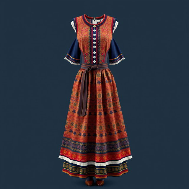 A traditional Dominican dress reimagined with modern touches, showcasing a blend of heritage and contemporary style