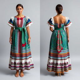A traditional Dominican dress reimagined with modern touches, showcasing a blend of heritage and contemporary style