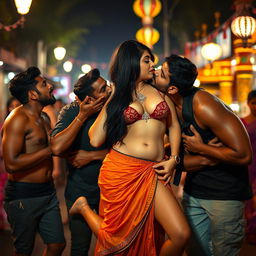 A sensual scene depicting an Indian woman resembling a cute character in a Goa street at night