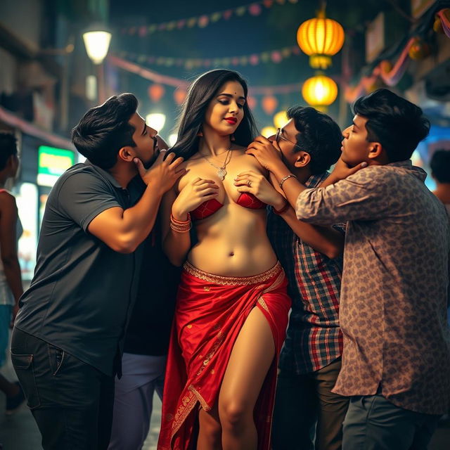 A sensual scene depicting an Indian woman resembling a cute character in a Goa street at night