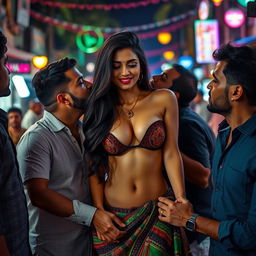 A sensual scene featuring an Indian woman resembling Nushrat Bharucha, styled as a cute girl in a lively street in Goa at night