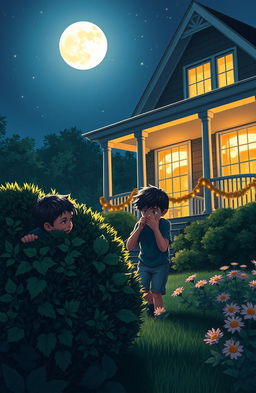 Two boys hiding behind bushes at night, peering curiously at a brightly lit house