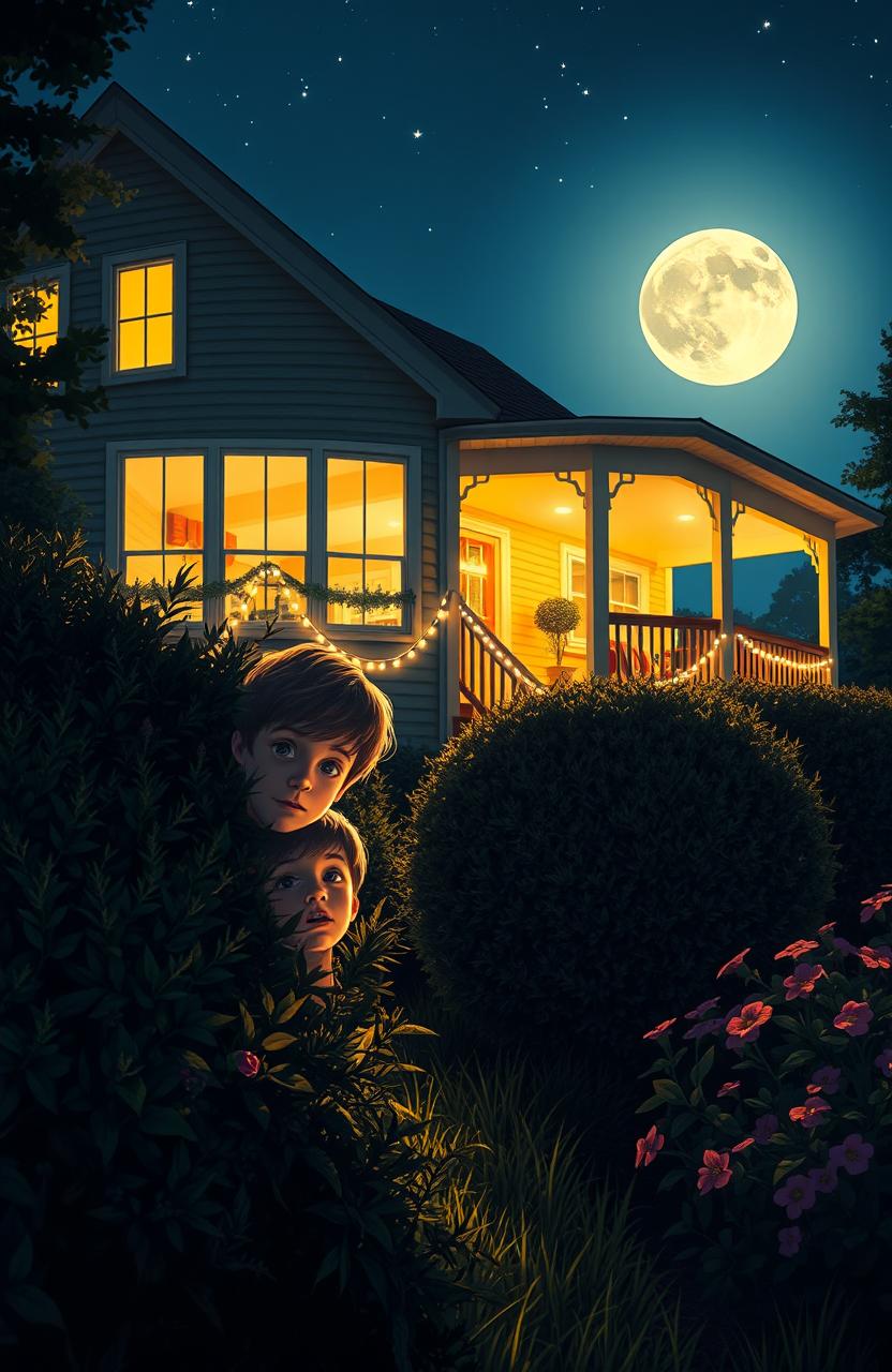 Two boys hiding behind bushes at night, peering curiously at a brightly lit house