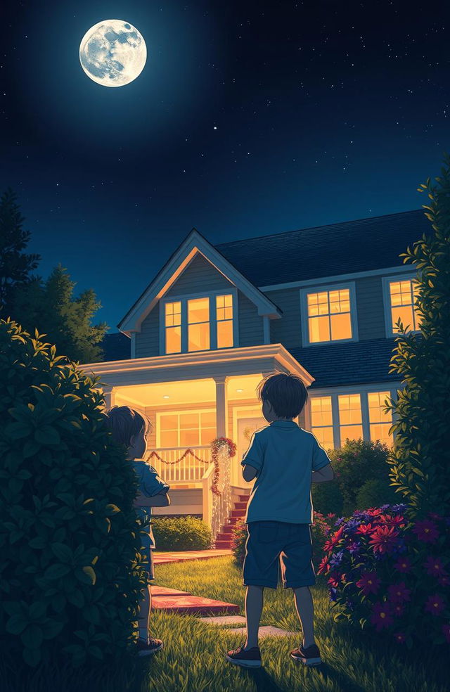 Two boys hiding behind bushes at night, peering curiously at a brightly lit house