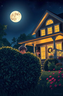 Two boys hiding behind bushes at night, peering curiously at a brightly lit house