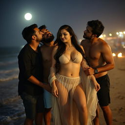 A sensual scene featuring an Indian woman resembling Nushrat Bharucha as a cute young girl on a beach in Goa at night