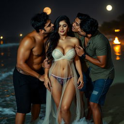 A sensual scene featuring an Indian woman resembling Nushrat Bharucha as a cute young girl on a beach in Goa at night