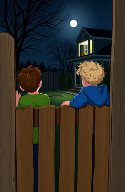 Two boys peering through a fence at night, watching a neighbor's backyard, illuminated by moonlight