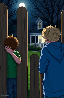 Two boys peering through a fence at night, watching a neighbor's backyard, illuminated by moonlight