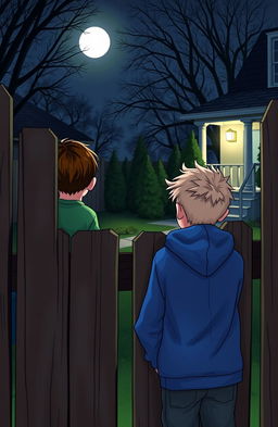 Two boys peering through a fence at night, watching a neighbor's backyard, illuminated by moonlight
