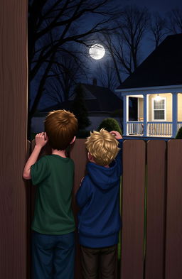 Two boys peering through a fence at night, watching a neighbor's backyard, illuminated by moonlight