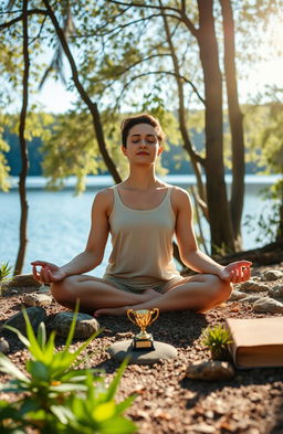 A serene and balanced individual sitting in a peaceful environment, surrounded by nature