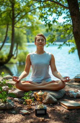 A serene and balanced individual sitting in a peaceful environment, surrounded by nature