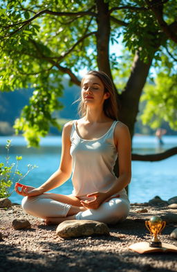 A serene and balanced individual sitting in a peaceful environment, surrounded by nature