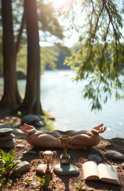 A serene and balanced individual sitting in a peaceful environment, surrounded by nature