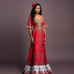A traditional Dominican dress with modern and elegant tones, showcasing the rich cultural heritage of the Dominican Republic while incorporating contemporary elements