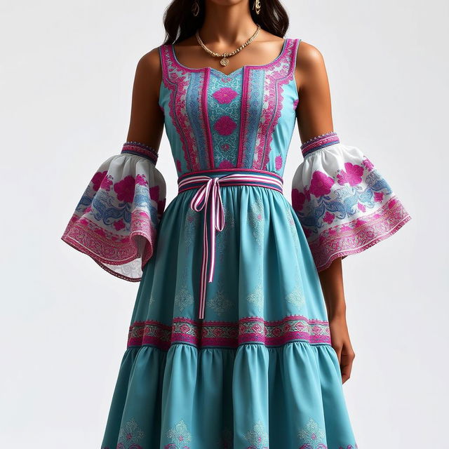 A traditional Dominican dress with modern and elegant tones, showcasing the rich cultural heritage of the Dominican Republic while incorporating contemporary elements