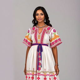 A traditional Dominican dress with modern and elegant tones, showcasing the rich cultural heritage of the Dominican Republic while incorporating contemporary elements