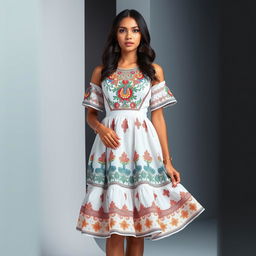 A traditional Dominican dress with modern and elegant tones, showcasing the rich cultural heritage of the Dominican Republic while incorporating contemporary elements