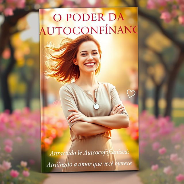 A captivating book cover for 'O Poder da Autoconfiança: Atraindo o Amor que Você Merece', featuring a radiant woman standing confidently with her arms crossed, exuding joy and self-assurance