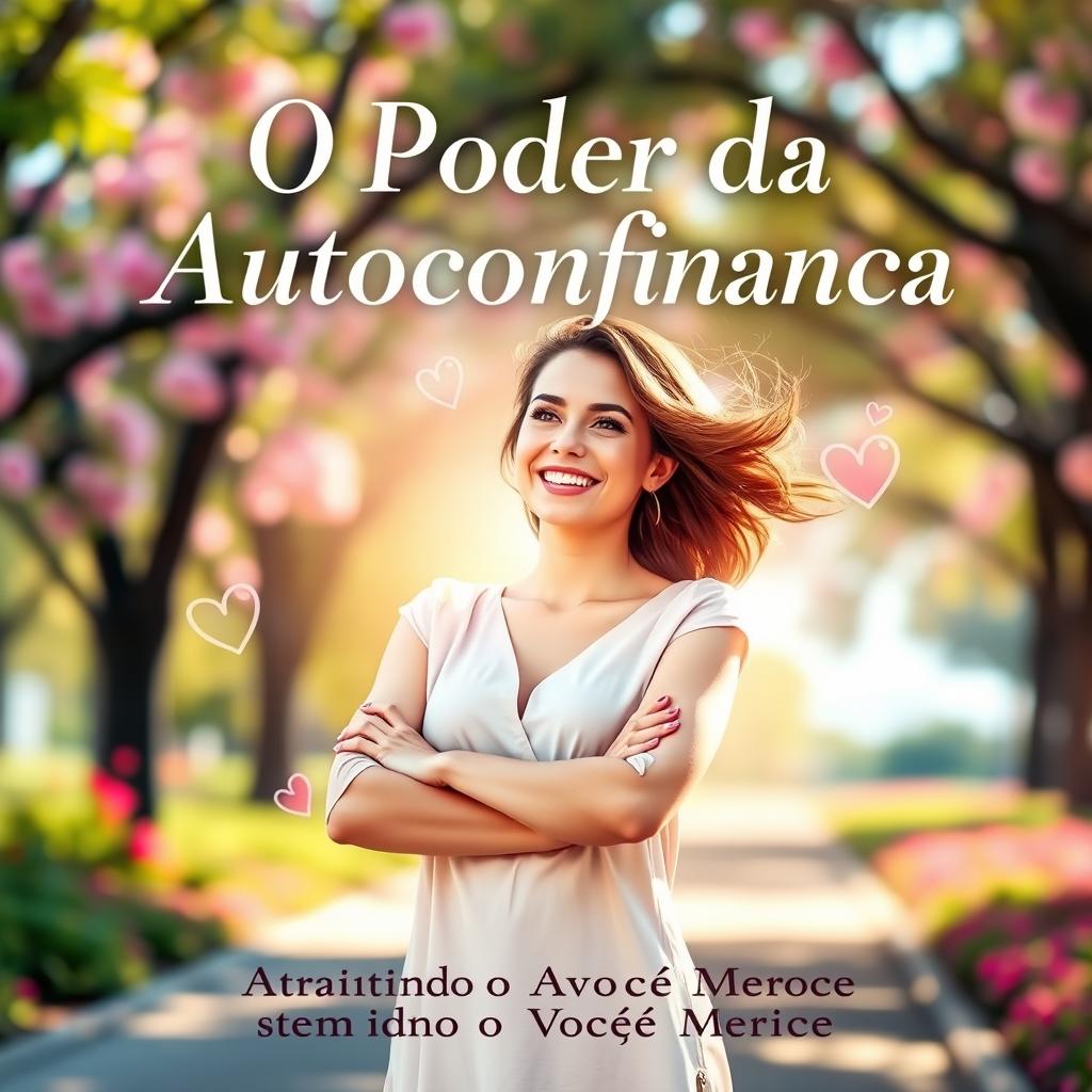 A captivating book cover for 'O Poder da Autoconfiança: Atraindo o Amor que Você Merece', featuring a radiant woman standing confidently with her arms crossed, exuding joy and self-assurance