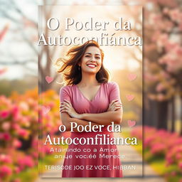 A captivating book cover for 'O Poder da Autoconfiança: Atraindo o Amor que Você Merece', featuring a radiant woman standing confidently with her arms crossed, exuding joy and self-assurance