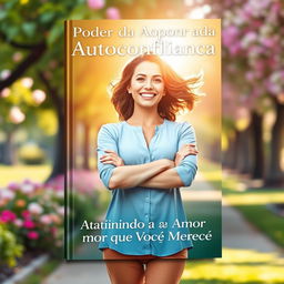 A captivating book cover for 'O Poder da Autoconfiança: Atraindo o Amor que Você Merece', featuring a radiant woman standing confidently with her arms crossed, exuding joy and self-assurance