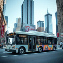 A realistic 3D render of a city bus, showcasing detailed features such as large windows, vibrant city graphics, and realistic tires