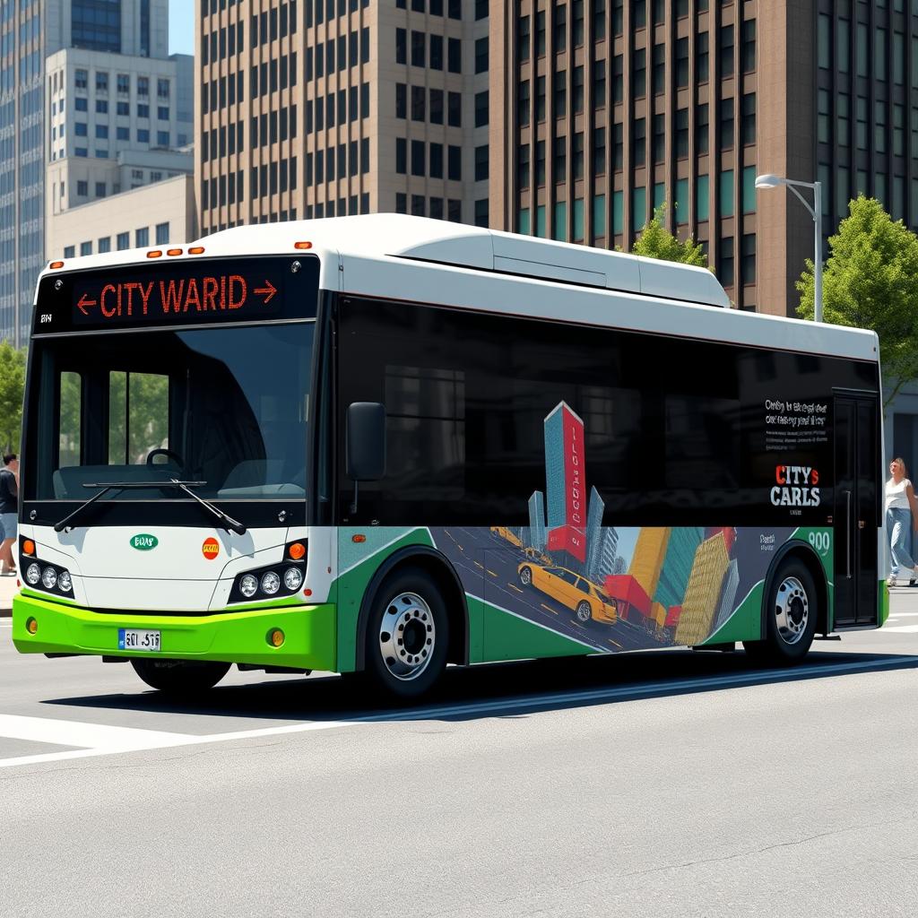 A realistic 3D render of a city bus, showcasing detailed features such as large windows, vibrant city graphics, and realistic tires