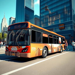 A realistic 3D render of a city bus, showcasing detailed features such as large windows, vibrant city graphics, and realistic tires