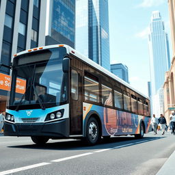 A realistic 3D render of a city bus, showcasing detailed features such as large windows, vibrant city graphics, and realistic tires