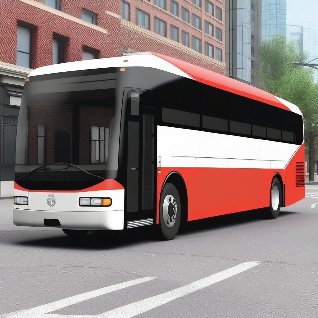 A realistic illustration of a modern city bus, prominently featuring a striking red and white color scheme