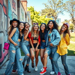A vibrant scene featuring an energetic group of attractive young women, playfully dressed in stylish, colorful street wear