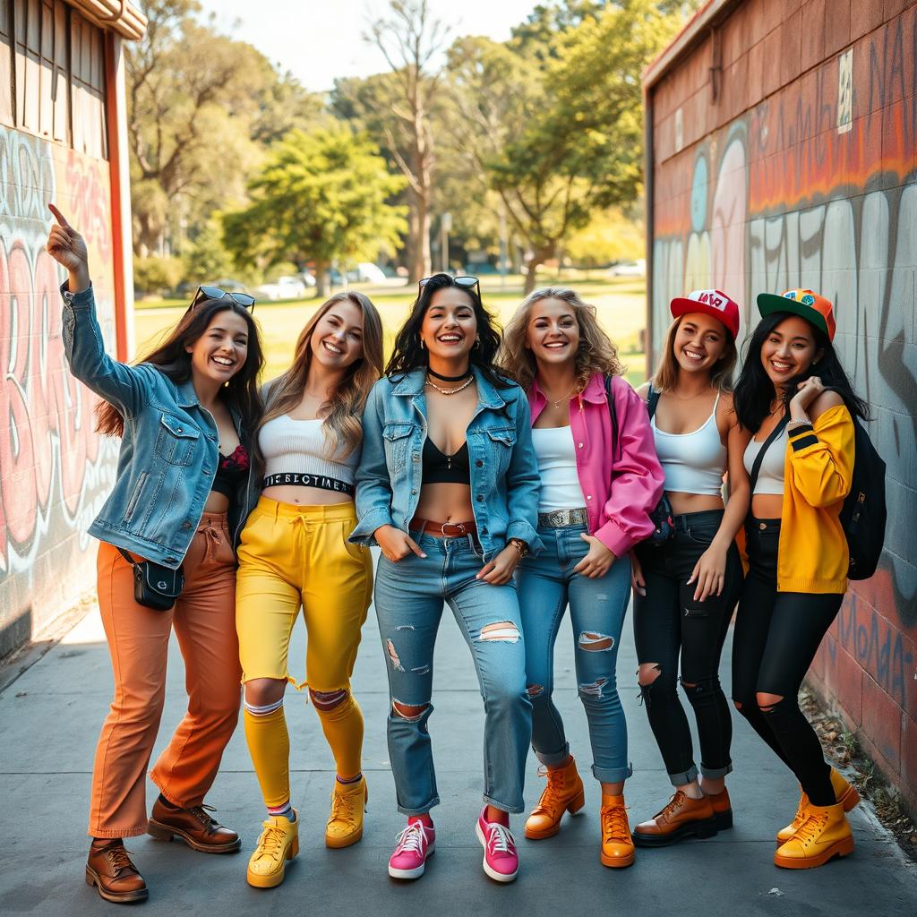 A vibrant scene featuring an energetic group of attractive young women, playfully dressed in stylish, colorful street wear