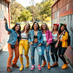 A vibrant scene featuring an energetic group of attractive young women, playfully dressed in stylish, colorful street wear