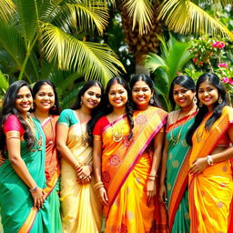 A playful, vibrant scene depicting a group of attractive South Indian women in colorful traditional attire, such as sarees and kurtas, standing together in a sunny outdoor setting