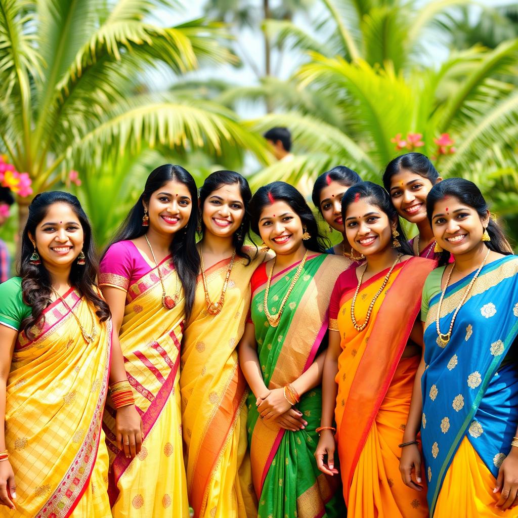 A playful, vibrant scene depicting a group of attractive South Indian women in colorful traditional attire, such as sarees and kurtas, standing together in a sunny outdoor setting