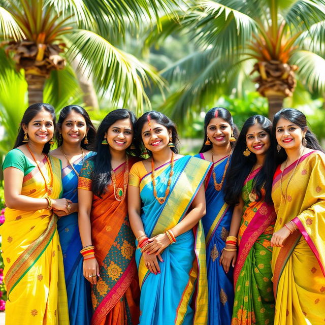 A playful, vibrant scene depicting a group of attractive South Indian women in colorful traditional attire, such as sarees and kurtas, standing together in a sunny outdoor setting