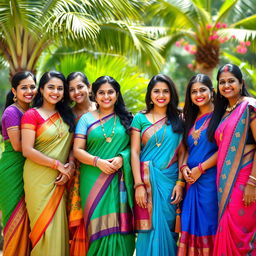 A playful, vibrant scene depicting a group of attractive South Indian women in colorful traditional attire, such as sarees and kurtas, standing together in a sunny outdoor setting