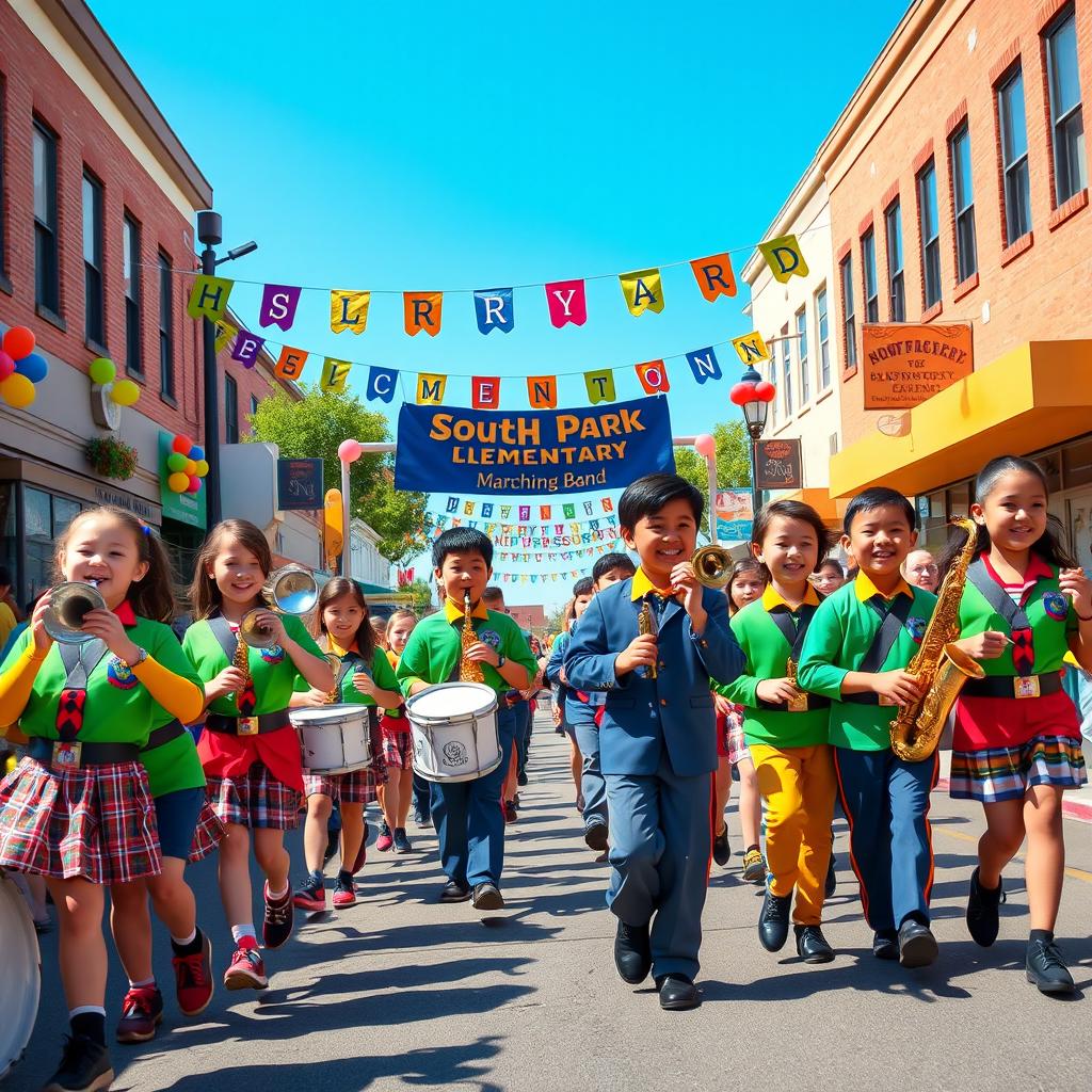 A lively scene depicting the South Park Elementary Marching Band in a colorful parade