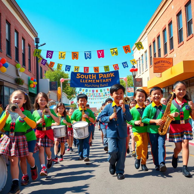 A lively scene depicting the South Park Elementary Marching Band in a colorful parade