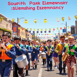 A lively scene depicting the South Park Elementary Marching Band in a colorful parade