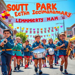 A lively scene depicting the South Park Elementary Marching Band in a colorful parade