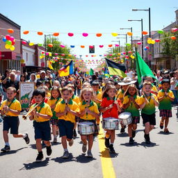 A vibrant and energetic scene featuring the South Park Elementary School Marching Band during a parade