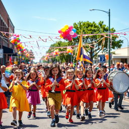 A vibrant and energetic scene featuring the South Park Elementary School Marching Band during a parade